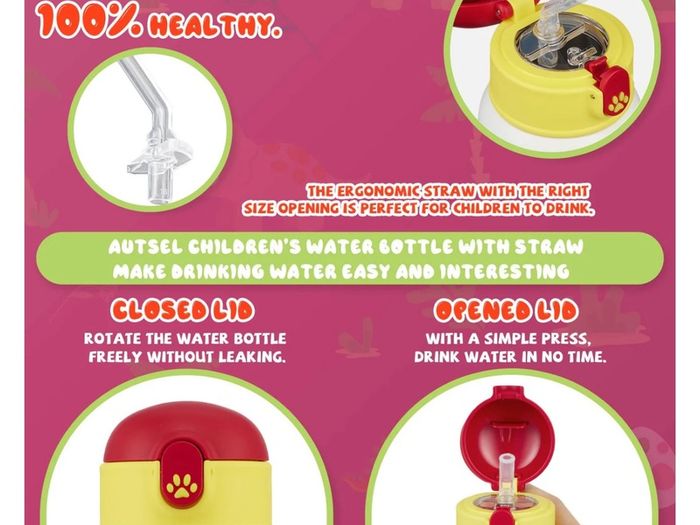 Brand New Autsel Children s Drinking Bottle Stainless Steel 500ml with Straw,