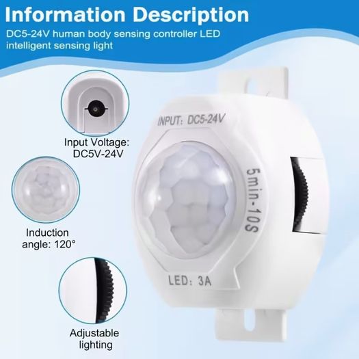 1pc DC5V-24V Night Motion Sensor Adjustable PIR Switch Infrared Detector Adjustable Timer Delay Switch for Lighting