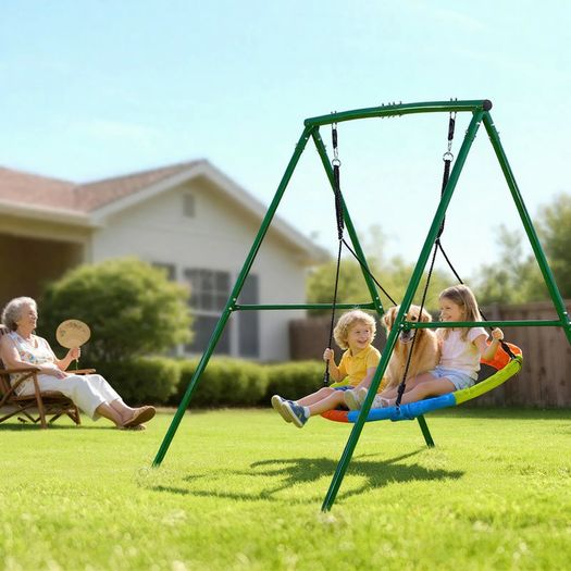 Swing Set for Backyard 100 cm Saucer Swing Seat with Heavy Duty A-Frame Metal Stand, 199.6 kg Load Capacity, Reinforced with Spiral Ground Anchors