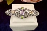 Vintage 925 Sterling Silver Multi-Gemstone Marcasite Brooch