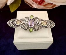 Vintage 925 Sterling Silver Multi-Gemstone Marcasite Brooch