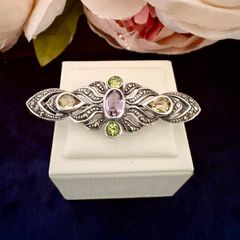 Vintage 925 Sterling Silver Multi-Gemstone Marcasite Brooch