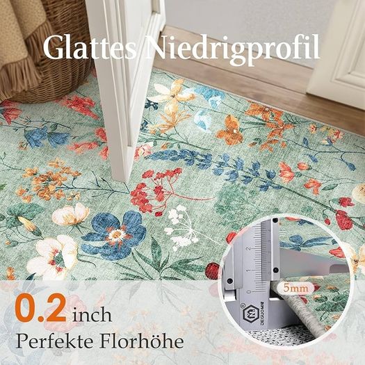 Living Room Green Washable Flower Area Rug 80x150cm Non Slip Boho Natural Modern Floral Large Carpet Dining Room Bedroom Kitchen Hall Lounge Office Low Pile Soft Carpets