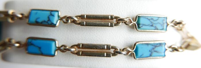 Vintage Turquoise Gold Plated Bracelet Anklet  - Gemstone Jewelry , Birthstone , Blue Stone 7,5" - 5,45g