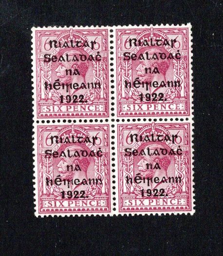 1922 Ireland 6d redish purple 5-line Overprinted Stamp by Thom in black Block of 4 Mint Never Hinged (MNH)