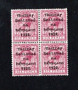 1922 Ireland 6d redish purple 5-line Overprinted Stamp by Thom in black Block of 4 Mint Never Hinged (MNH)