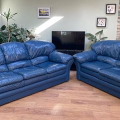 2+3 seater blue leather sofas.