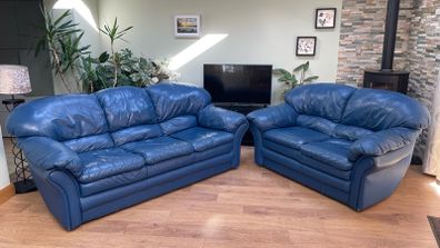 2+3 seater blue leather sofas.