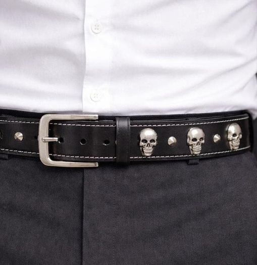 Unisex Black Skull Studded Leather Belt Punk Gothic Rock Leather Belt with Metal Skull & Rivets for Men Women