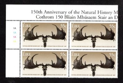 2007 Ireland 150th Anniversary of The Natural History Museum Commemorative Stamp Plate Block 1A1A1A1A Mint Never Hinged (MNH)