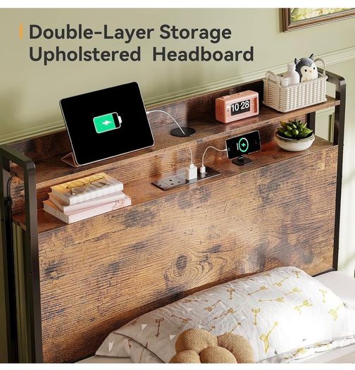 3ft Single Bed Frame with Storage Wooden Headboard, 90x190cm LED Light & Charging Station, Platform Metal Bed Frame Single, with Underbed Storage, Strong Metal Slat Support