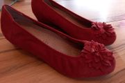 Red Suede Floral Low Wedge Ballet Pump