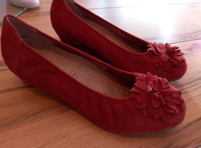 Red Suede Floral Low Wedge Ballet Pump