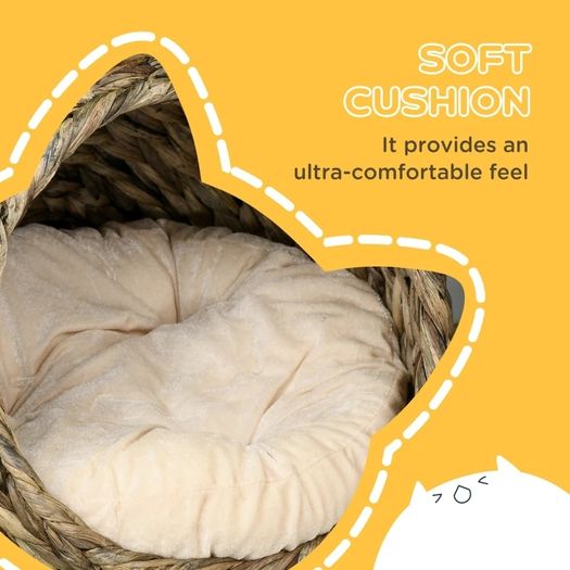 Woven Banana Leaf Elevated Cat Bed Wicker Kitten Basket Pet Den. House Cozy Cave with Soft Cushion Dome 42x33x52cm Dark Brown