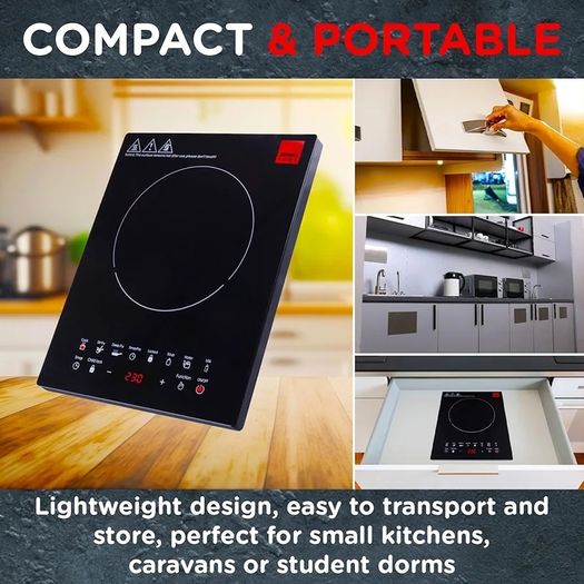 Electric Digital Induction Hob with 8 Temperature & Power Settings, 6 Cooking Modes, Timer, Overheat Protection, Auto Off, Child Safety Lock, Black