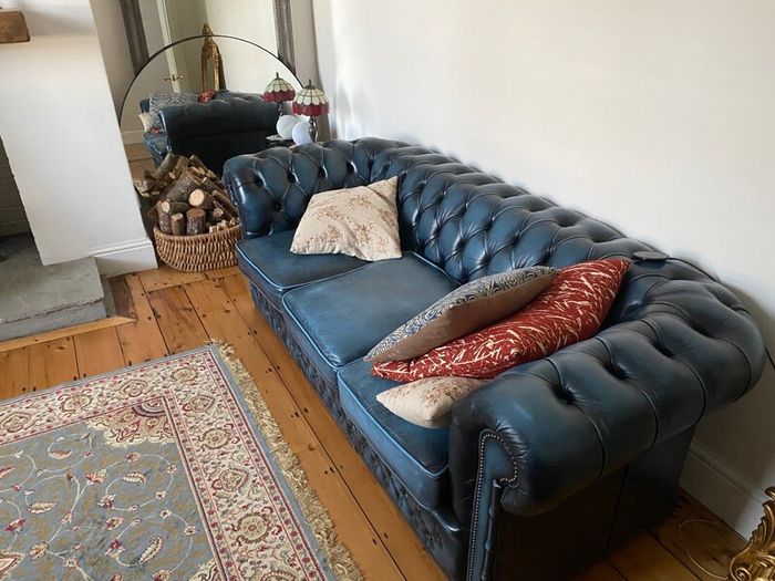 Chesterfield Blue Leather Couch Suite