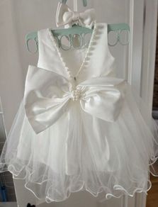Baby Girl White Bowknot Party, Christening Dress with Headband, 0 to 6 Months