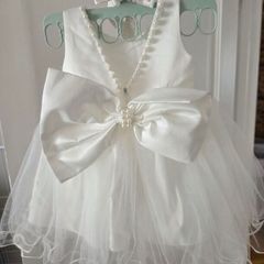 Baby Girl White Bowknot Party, Christening Dress with Headband, 0 to 6 Months