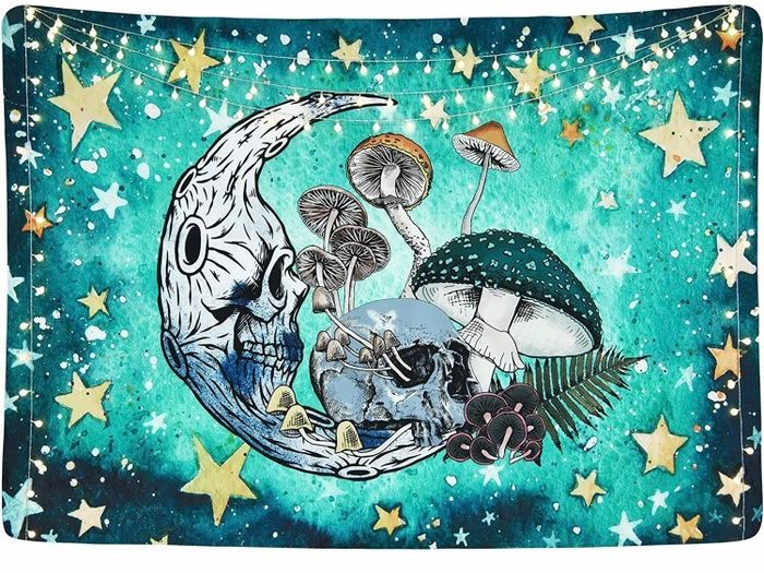 Skull Tapestry Mushroom Stars Moon Tapestry Abstract Hippy Trippy Wall Hanging Tapestry Home Decor (MULTIPLE SIZES)