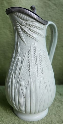 Antique Staffordshire Parian Ware Pitcher: William Brownfield Fern Design, Pewter Lid