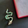 Snake Brooch Cobra Pin Gold Tone with Green & White Crystals Rattle Snake Broach Image 4