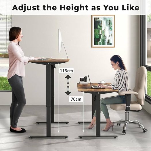 Electric Standing Desk Height Adjustable 120 x 60cm Sit to Stand Desk Stand up Desk Computer Work Desk for Home Office Black Frame/Rustic Brown Table Top