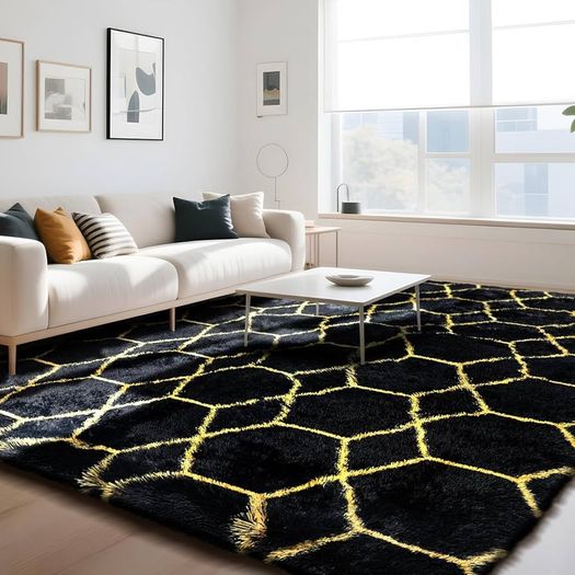 Geometric Rugs Living Room-160x230cm Extra Large Black Rug, Ultra Soft Fluffy Shaggy Rug for living room, Washable Anti Slip Area Rug Carpet