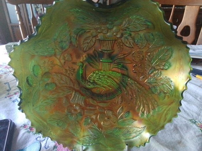 Fenton Carnival Bowl With Peacock & Leaves
