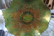 Fenton Carnival Bowl With Peacock &amp; Leaves