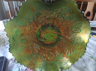 Fenton Carnival Bowl With Peacock & Leaves