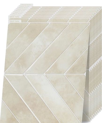 3D Stick on Tiles, Peel and Stick Wall Tiles, Self Adhesive Wall Tiles Waterproof Stick on Tiles Kitchen, Herringbone Sticky Tiles for Bathroom 10 Sheets/Pack (23x29cm) Beige