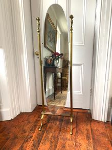 Brass Cheval Mirror with Cherub Finials.