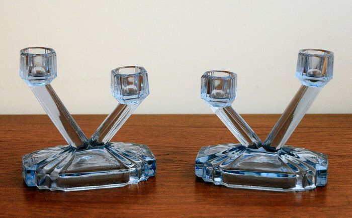 Pair of Art Deco Blue Glass Candlesticks