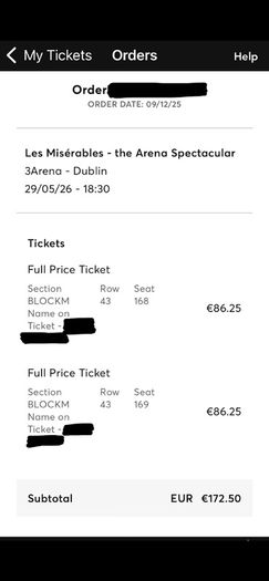 X2 tickets, Les Miserables, Fri 29 May, 3 Arena