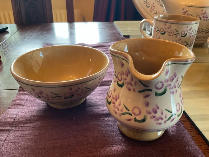 Nicholas Mosse lavender collection from Washington creek . Mugs, jugs , tea pot and platter .pricing the mug for  this ad