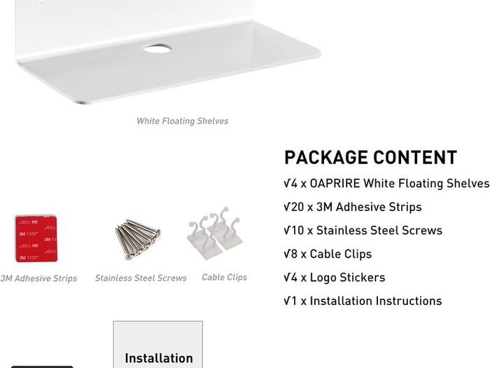 White Floating Wall Shelves Set of 4 - Easily Expand Wall Space - Acrylic Small Shelf for Bedroom, Bathroom, Kitchen, Living Room, Office, Playroom with Cable Clips - 9 Inch