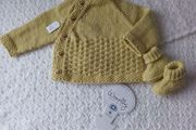 Hand Knit Baby Cardigan &amp; Booties Set:100% Merino Wool: 0-3 Months