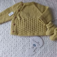 Hand Knit Baby Cardigan & Booties Set:100% Merino Wool: 0-3 Months