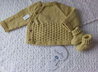 Hand Knit Baby Cardigan & Booties Set:100% Merino Wool: 0-3 Months