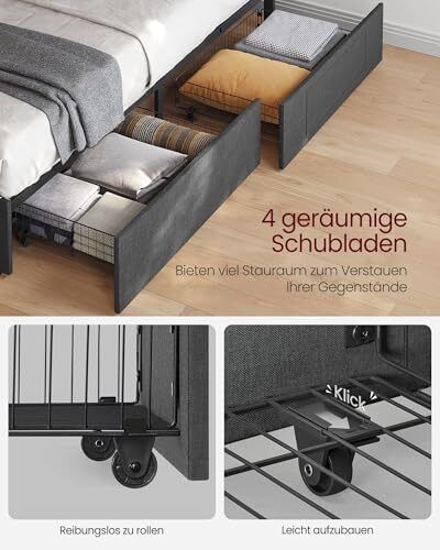 Double Bed Frame LED Metal Bed, 4 Drawers, Charging Station, Adjustable Padded Headboard, Slate Grey