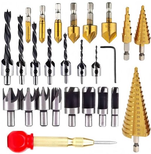 26Pcs Countersink Drill Bit Set, 8Pcs Wood Plug Cutter Drill Bits, 7Pcs Three Pointed Drill Bit, 6Pcs Countersink Drill Bit, 3Pcs Step Cone Drill Bit - for Door Window Cabine Drilling Holes
