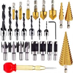 26Pcs Countersink Drill Bit Set, 8Pcs Wood Plug Cutter Drill Bits, 7Pcs Three Pointed Drill Bit, 6Pcs Countersink Drill Bit, 3Pcs Step Cone Drill Bit - for Door Window Cabine Drilling Holes