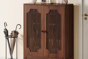 Walnut Shoe Cabinet with Slat Doors 5-Tier Shoe Cabinet with Adjustable Shelves 20 Pairs