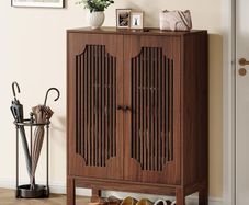 Walnut Shoe Cabinet with Slat Doors 5-Tier Shoe Cabinet with Adjustable Shelves 20 Pairs