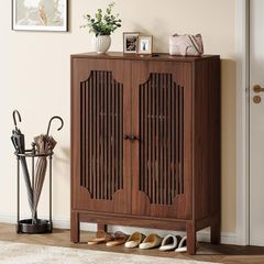 Walnut Shoe Cabinet with Slat Doors 5-Tier Shoe Cabinet with Adjustable Shelves 20 Pairs