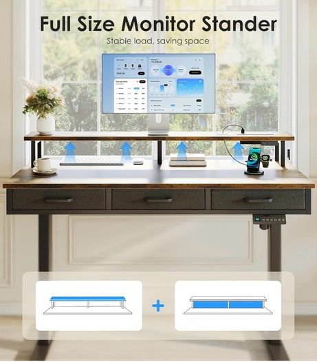 Electric Standing Desk, 120 x 54cm Height Adjustable Desk with 3 Drawers, RGB LED Strip & Charging Station