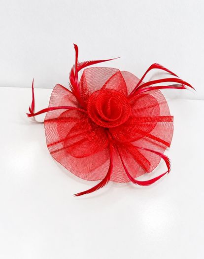 Pre Owned Elegant Red Feather & Mesh Fascinator Clip / Brooch