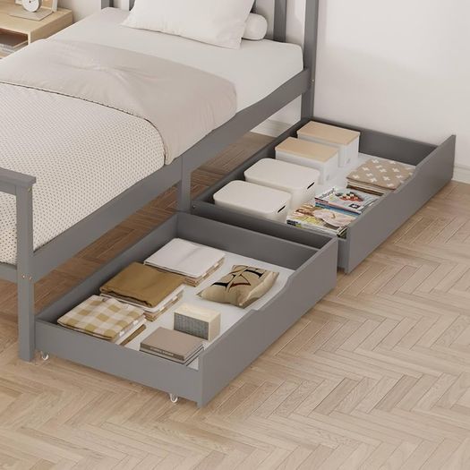 Single Bed Frame with Storage Drawers, Sturdy Bed Base for Kids Adults, With Footboard, Wood Bed Frame Without Mattress Grey
