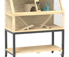 Wooden Hamster Cage with Storage Shelf, Wheels, Ramps, Water Bottle, Hut, Seesaws