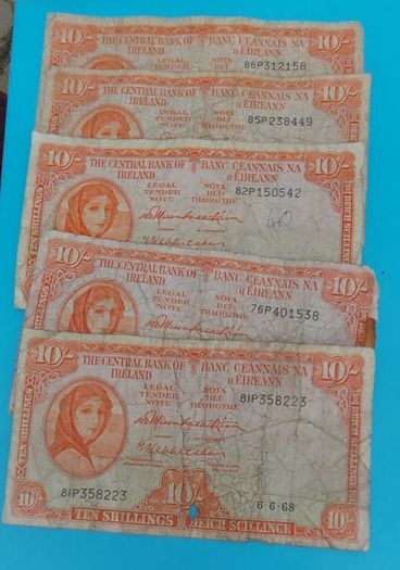 Irish 1968  X 5 Lavery ten shilling banknote in used condition